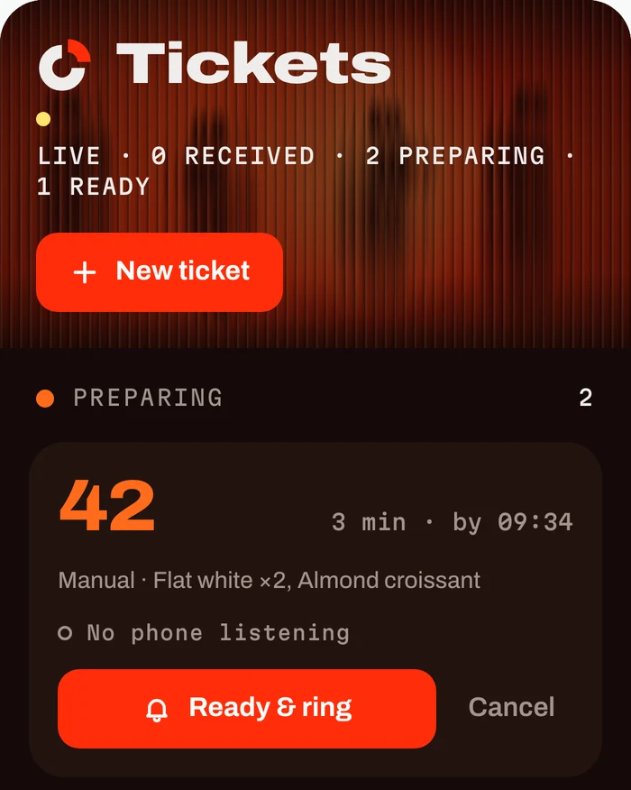 Staff dashboard on a phone: tickets in Preparing, each with a red Ready & ring button