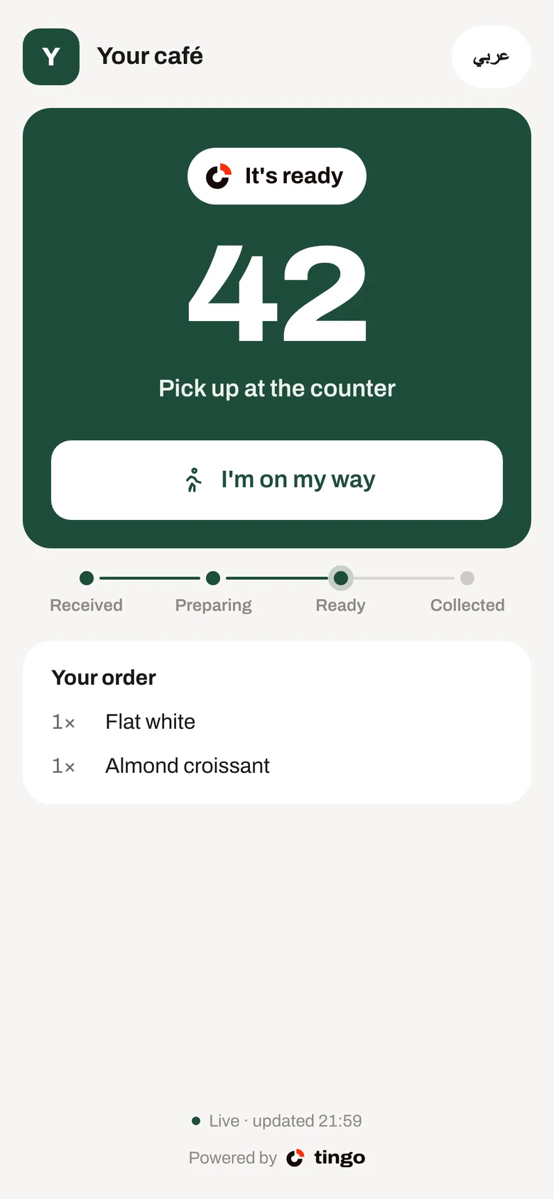 Tracker in English showing order 42 as ready, with an I'm on my way button